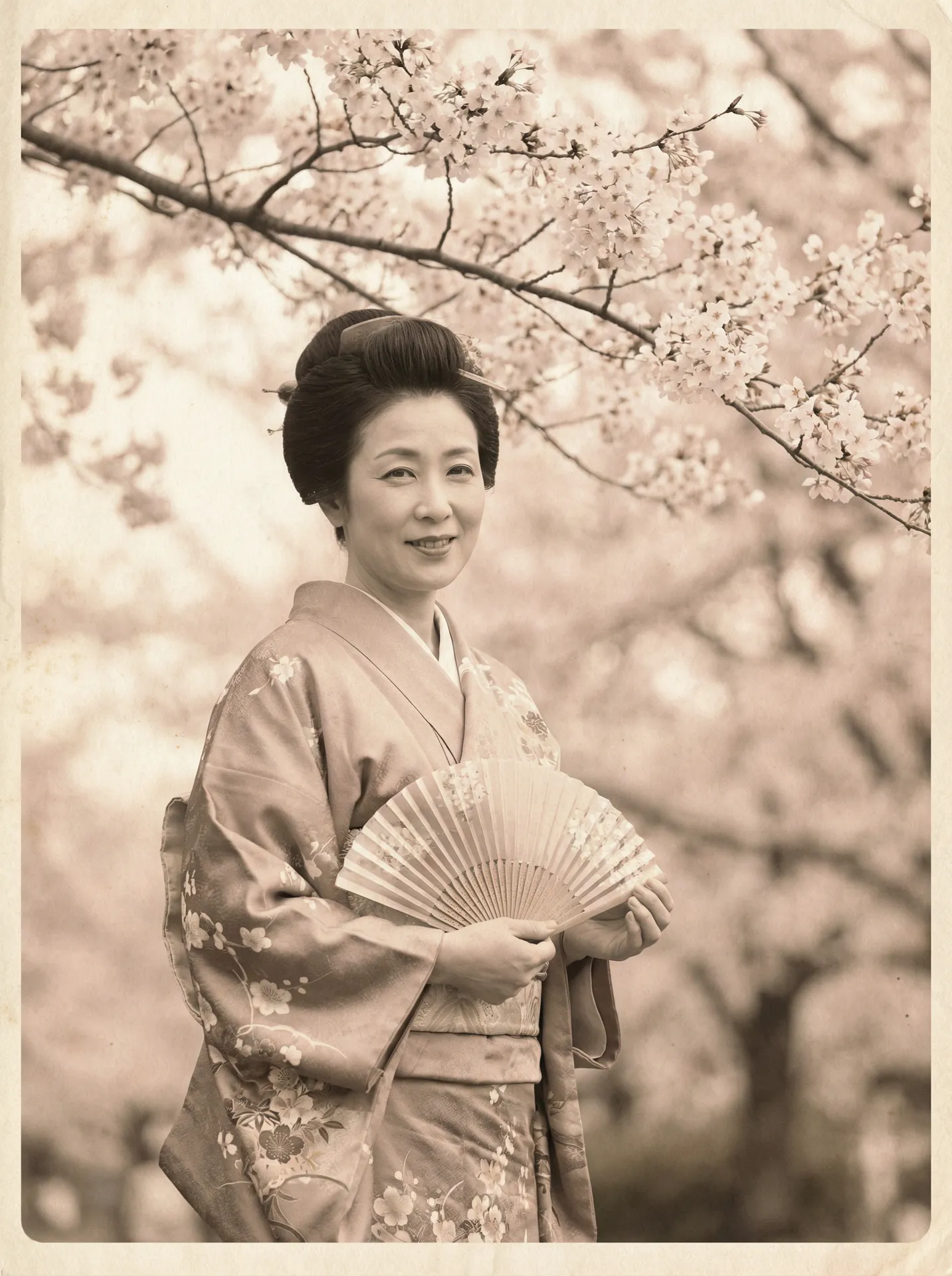 一位持扇的优雅 奇异果体育网站 在樱花树下的复古写真